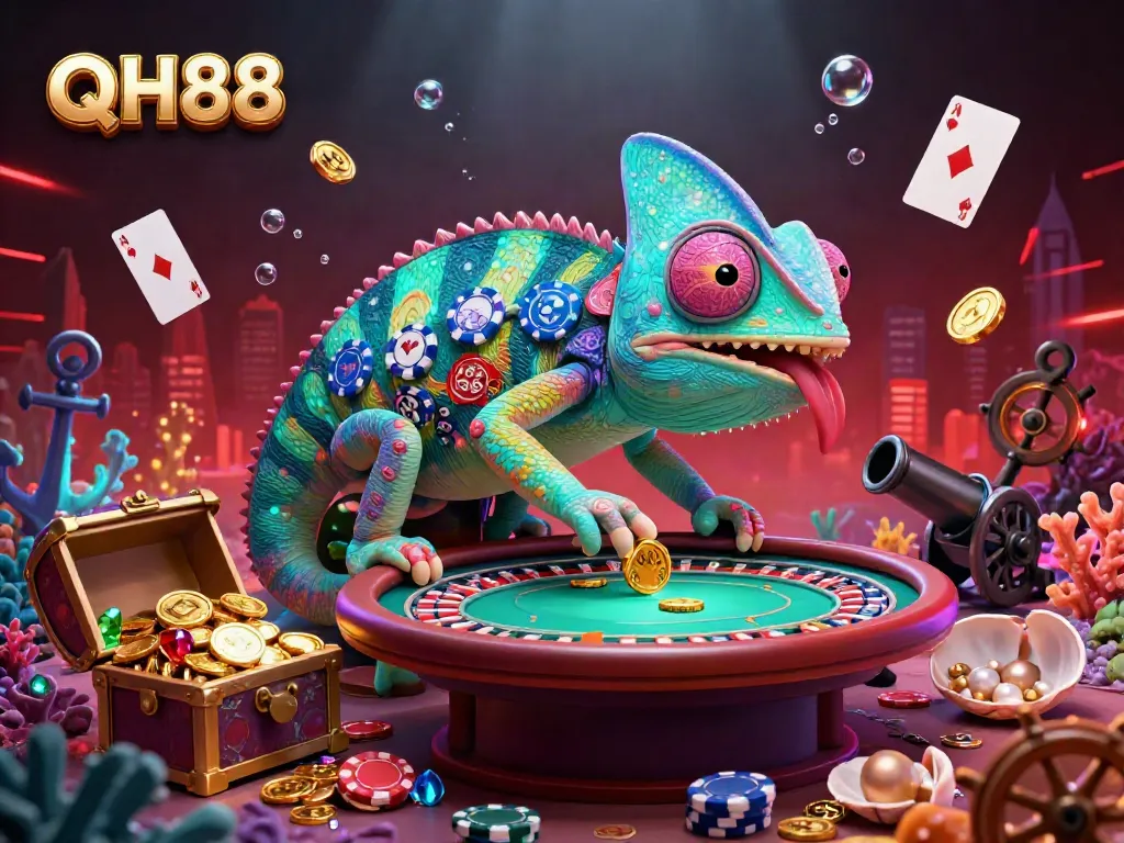 Experience the vibrant casino atmosphere of QH88 with a chameleon owner surrounded by colorful game elements and glowing treasures.
