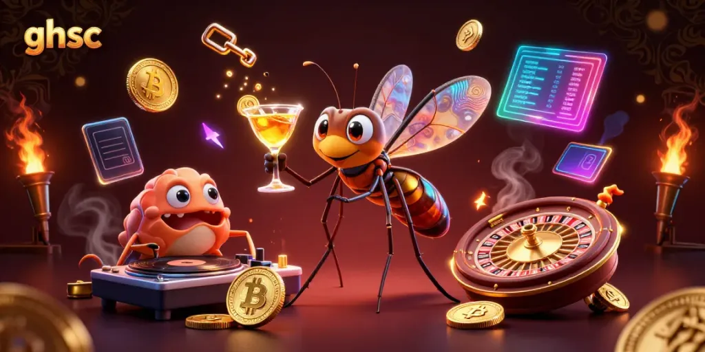 Engage with ghsc's vibrant 3D casino mascot and DJ, surrounded by neon crypto elements.