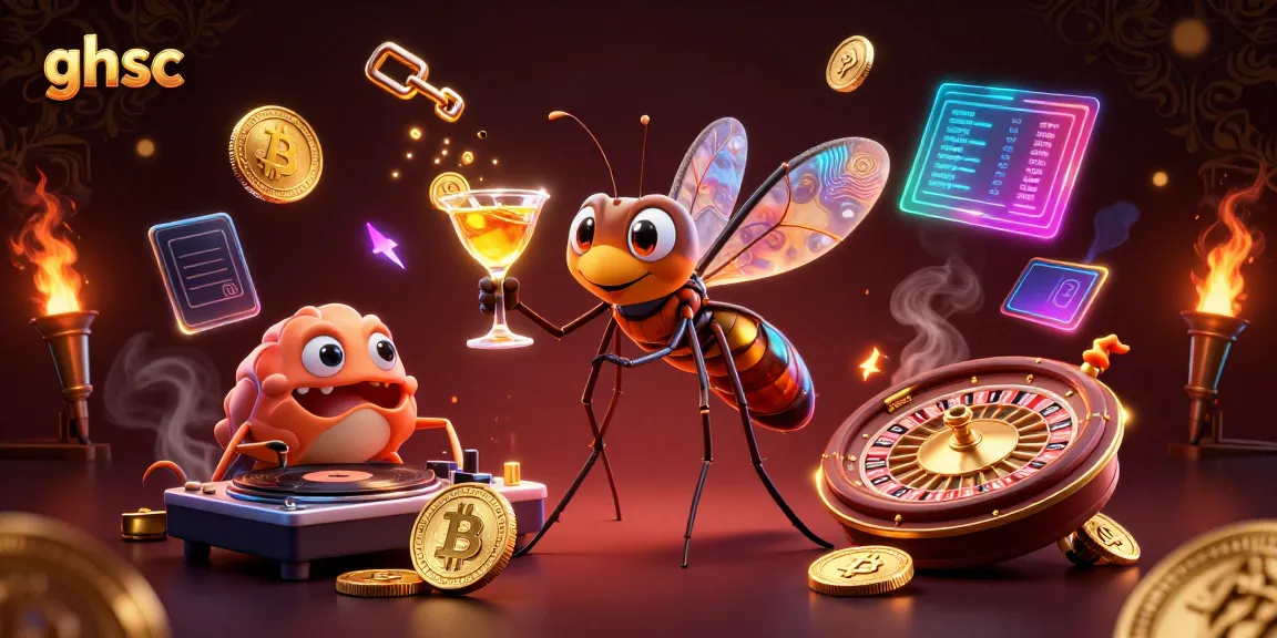 Engage with ghsc's vibrant 3D casino mascot and DJ, surrounded by neon crypto elements.