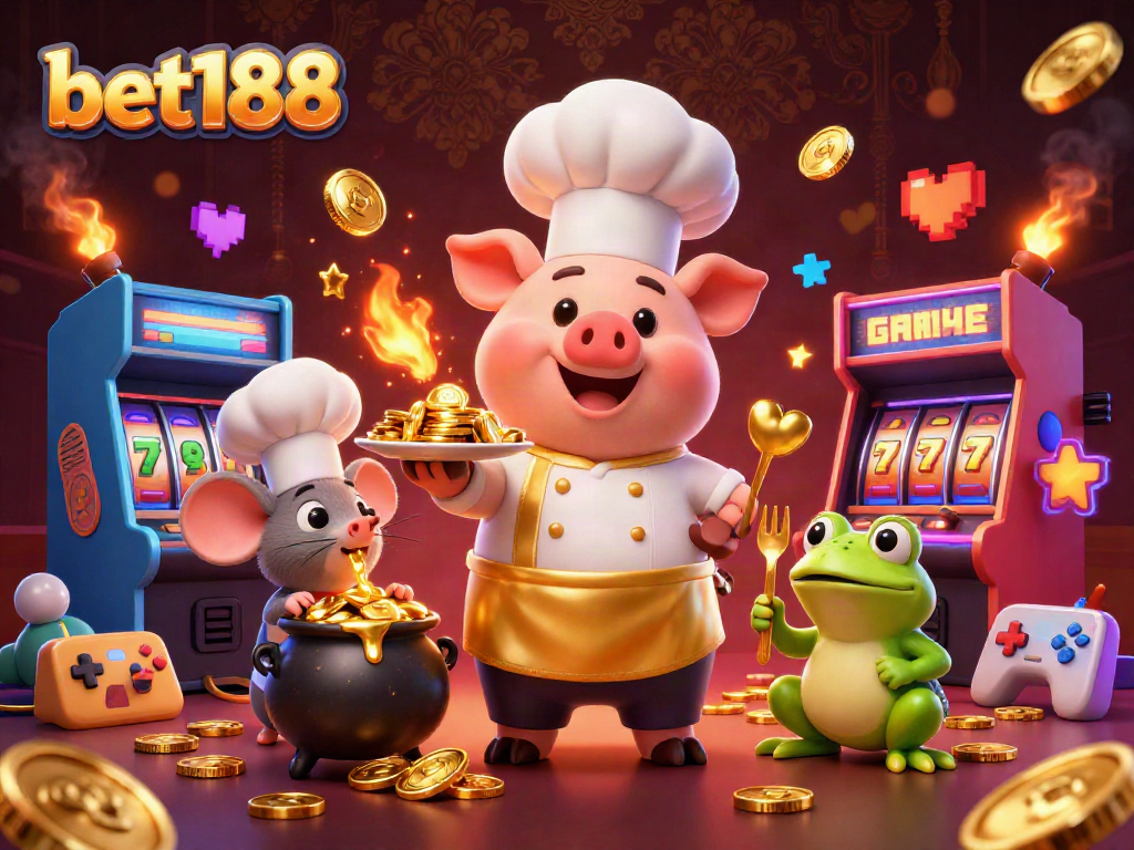 Engage in the thrill of betting with bet188 as a gourmet pig chef serves gold coins in a vibrant casino scene.