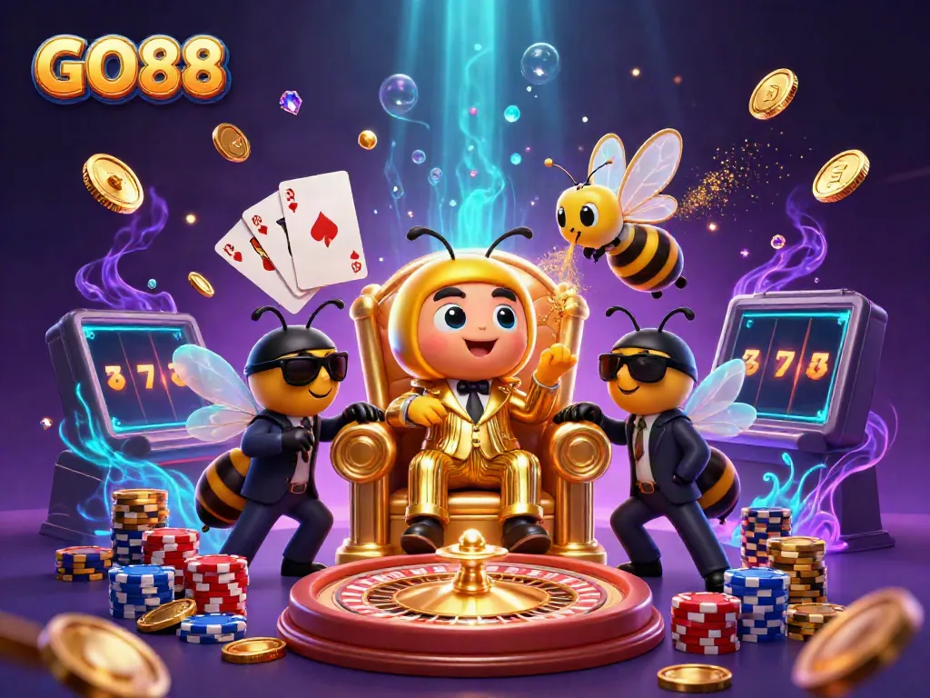 Experience the thrilling world of GO88 with a vibrant cartoon casino scene filled with colorful characters and sparkling game elements.