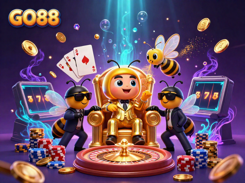 Experience the thrilling world of GO88 with a vibrant cartoon casino scene filled with colorful characters and sparkling game elements.