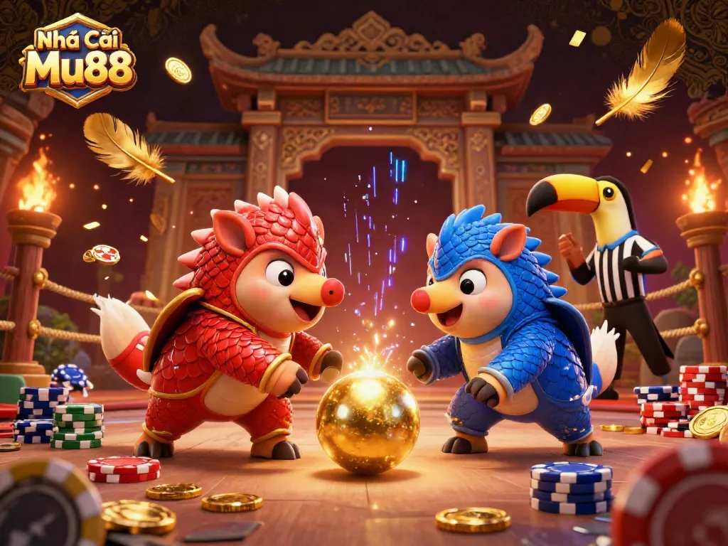 Engage with the thrilling Nhà Cái Mu88 scene featuring rival pangolins rolling through casino chips and golden balls.
