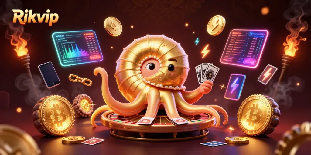 Experience the thrill of Rikvip with this vibrant 3D casino illustration highlighting gameplay and crypto elements.