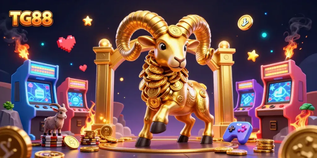 Bet on TG88 with a golden ram charging through a vibrant casino scene filled with game elements.