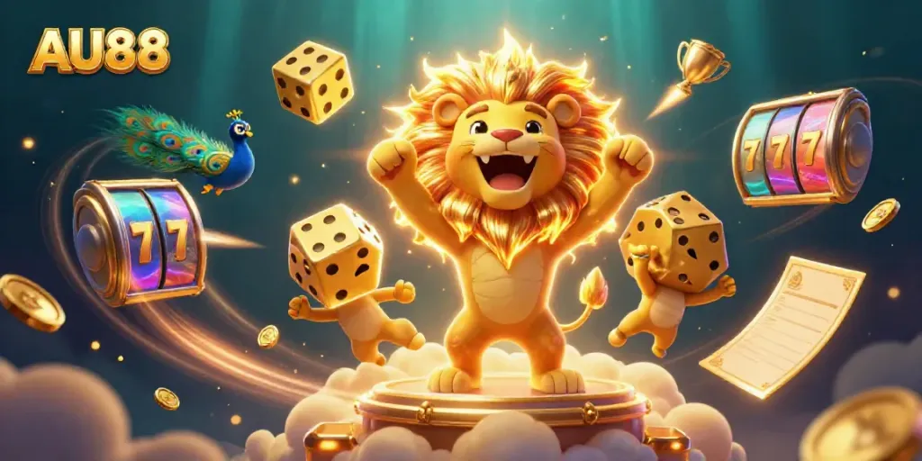 Experience the thrill of AU88 as a golden lion and dazzling elements unite in a vibrant gambling scene.