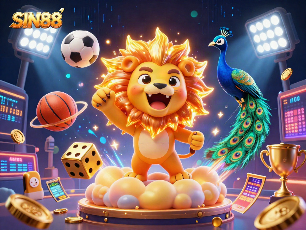 SIN88 players placing bets amidst a vibrant casino scene featuring dynamic sports elements and glowing visuals.