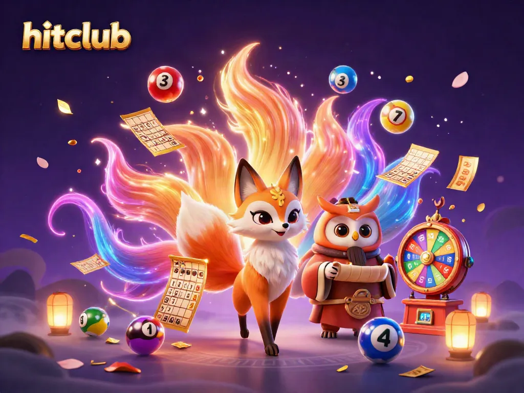 Experience vibrant gaming with hitclub featuring a colorful nine-tailed fox and wise owl amidst thrilling casino elements.