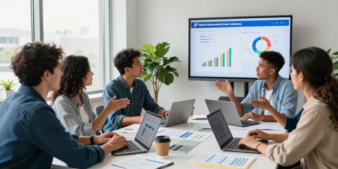Team discussing PayPal merchant cash advance in a collaborative business setting, showcasing teamwork and innovation.