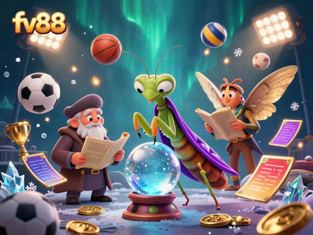 Engage in exciting betting action with fv88 in a creative 3D illustration featuring mystical characters and lively sports elements.