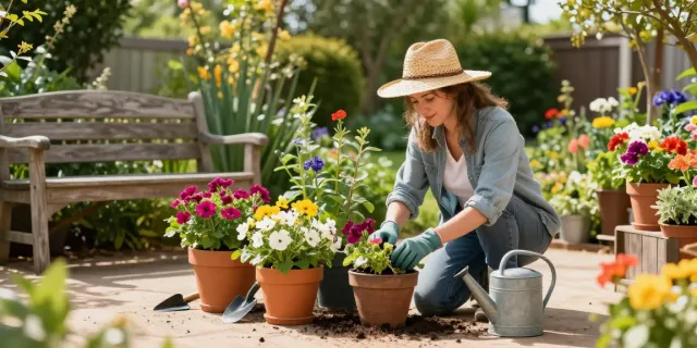 IDEALIST UK flower pots being tended in a bright home garden scene.