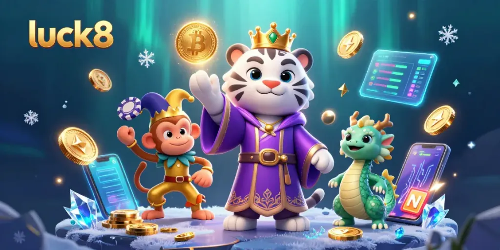 Experience the thrill of luck8 with a vibrant casino scene featuring characters, coins, and gaming elements.