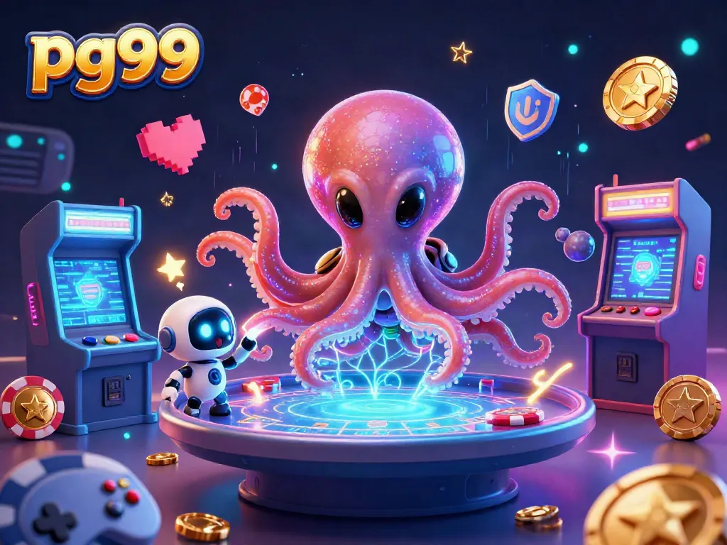 Engage with the pg99 experience at a holographic poker table with vibrant casino elements