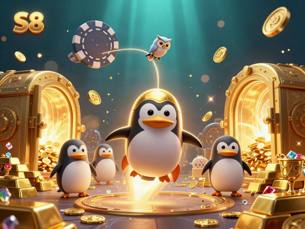 Navigate thrilling games in S8 with our vibrant casino scene featuring a golden penguin and poker chip.
