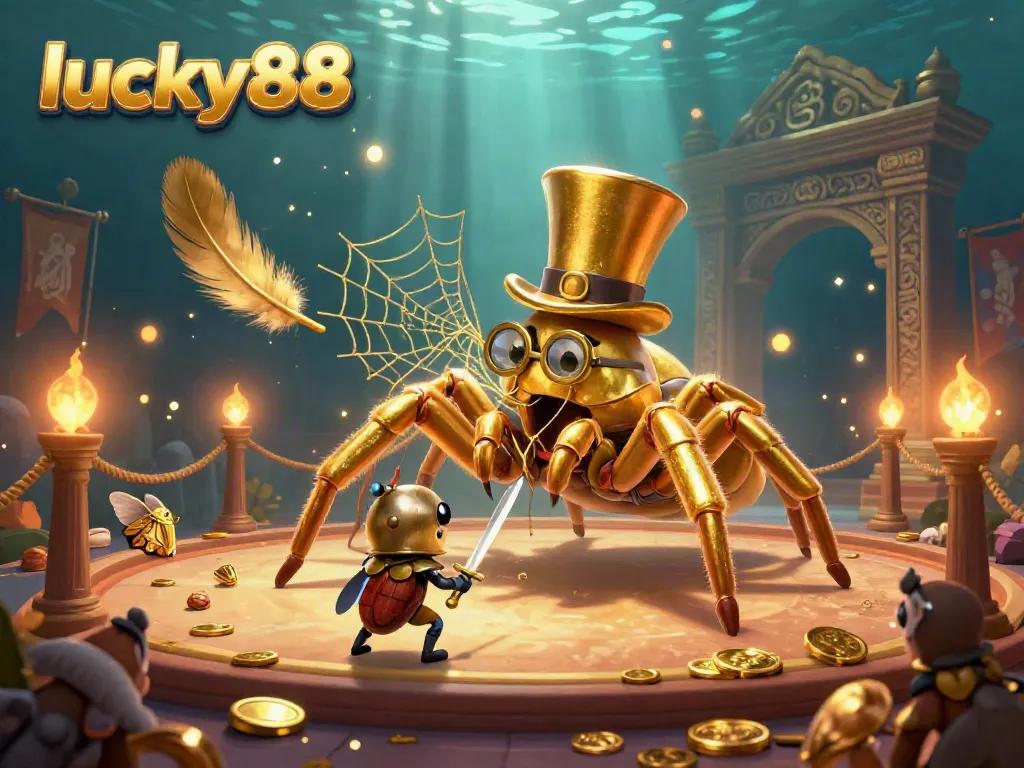 Engage with thrilling gameplay at lucky88, illustrated by a vibrant scene with a golden tarantula and a beetle knight.