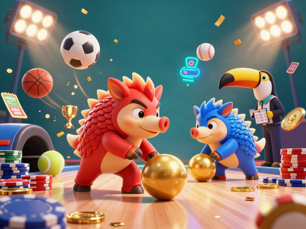 Compete with qq88's rival pangolins rolling golden balls and poker chips in a vibrant casino scene.