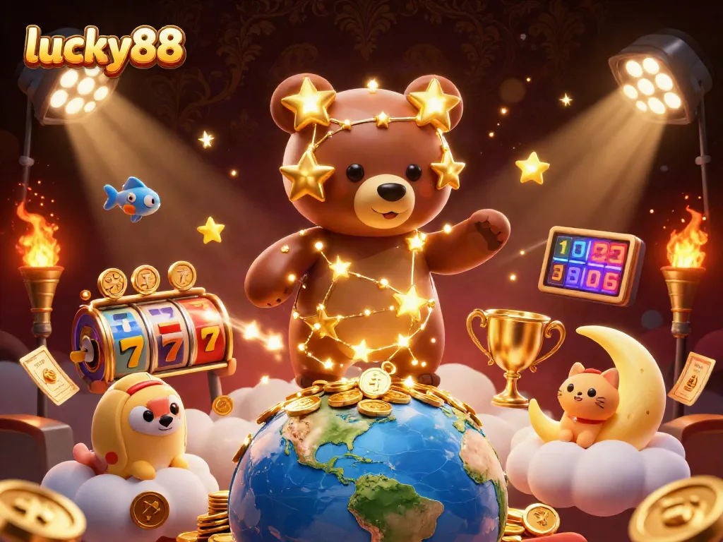 Experience big wins with lucky88 in this vibrant 3D casino illustration featuring dynamic slot elements.