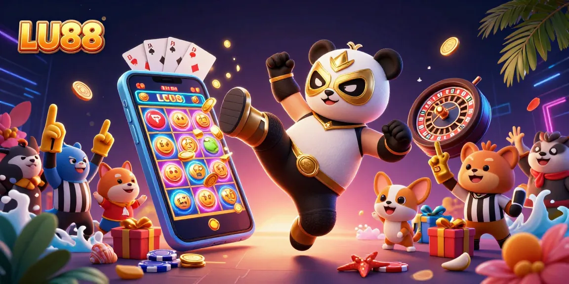Engage with LU88's thrilling casino atmosphere featuring a dynamic panda wrestler and colorful gaming elements.