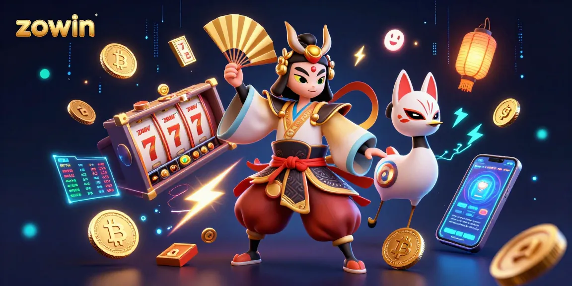 Engage with zowin's exciting slot game features in this vibrant 3D casino-themed illustration.