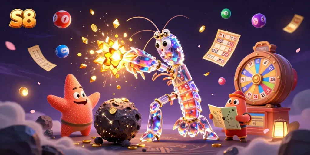 S8 interactive casino scene with a futuristic mantis shrimp hero and lottery elements