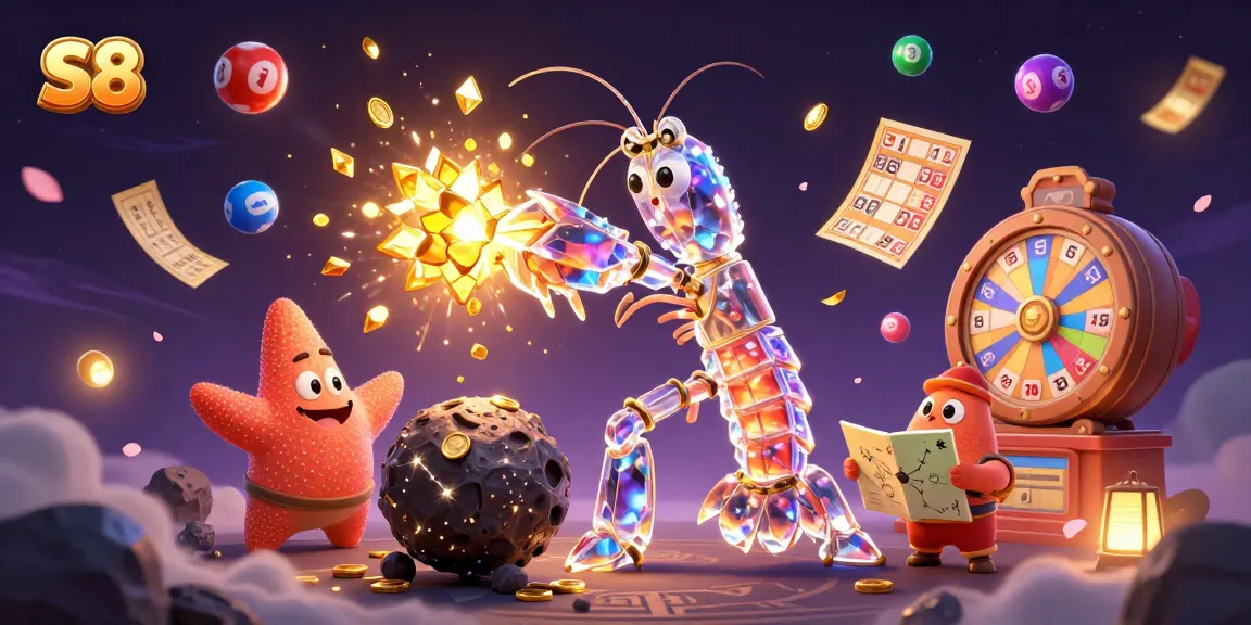 S8 interactive casino scene with a futuristic mantis shrimp hero and lottery elements