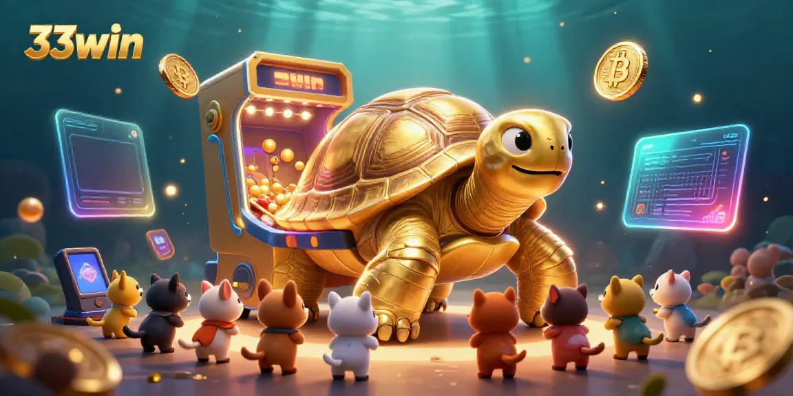 Engage with 33win's exciting 3D casino scene featuring a golden tortoise pinball machine.