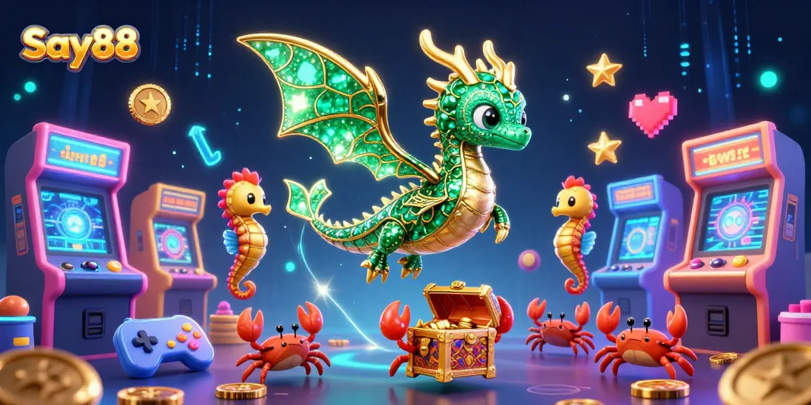 Engage excitement at Say88 with a vibrant 3D casino scene filled with games, characters, and treasures.