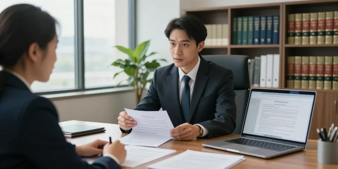 Look at this site to see a lawyer assisting a client in a modern office.