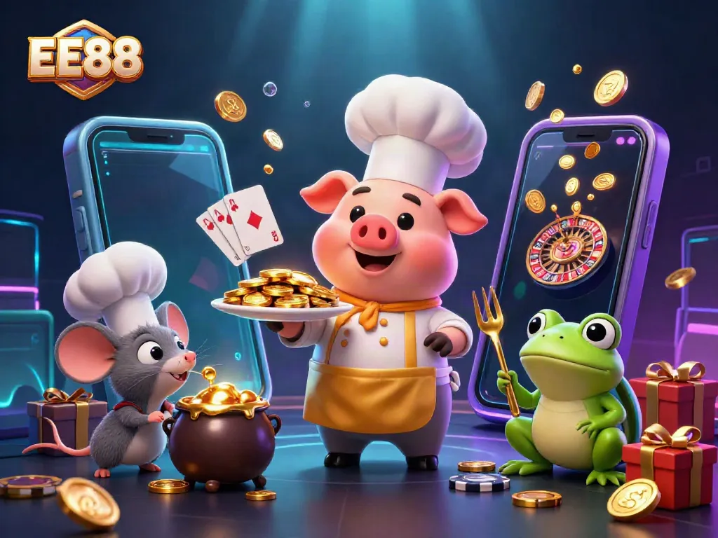Experience winning thrills at EE88 with vibrant casino characters and games in a packed 3D scene.