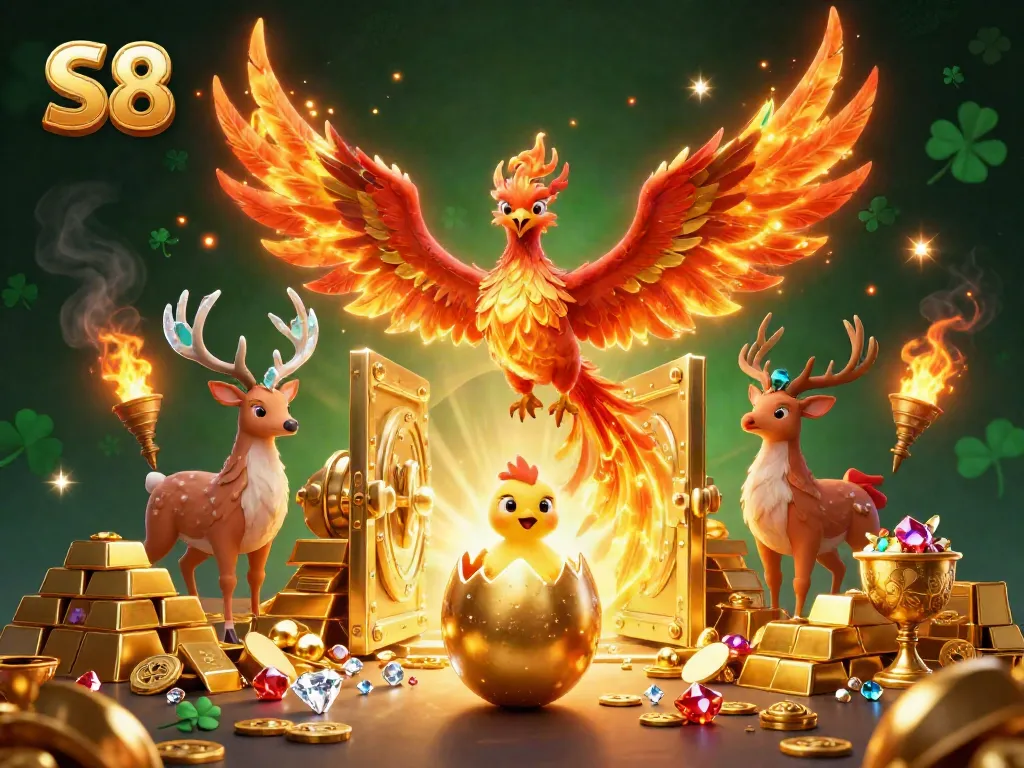 Experience S8's vibrant casino scene featuring a majestic phoenix surrounded by treasure and excitement.