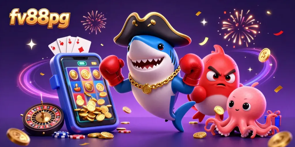Engage with fv88pg's colorful casino characters enjoying 3D slot games and vibrant celebrations.