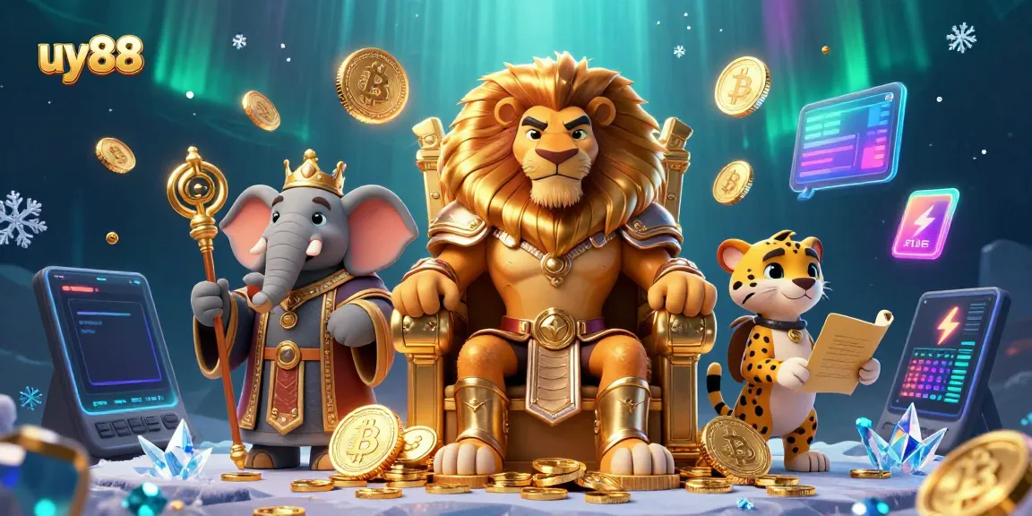 Engage with uy88's fierce lion king amidst a lavish gaming scene filled with crypto elements.