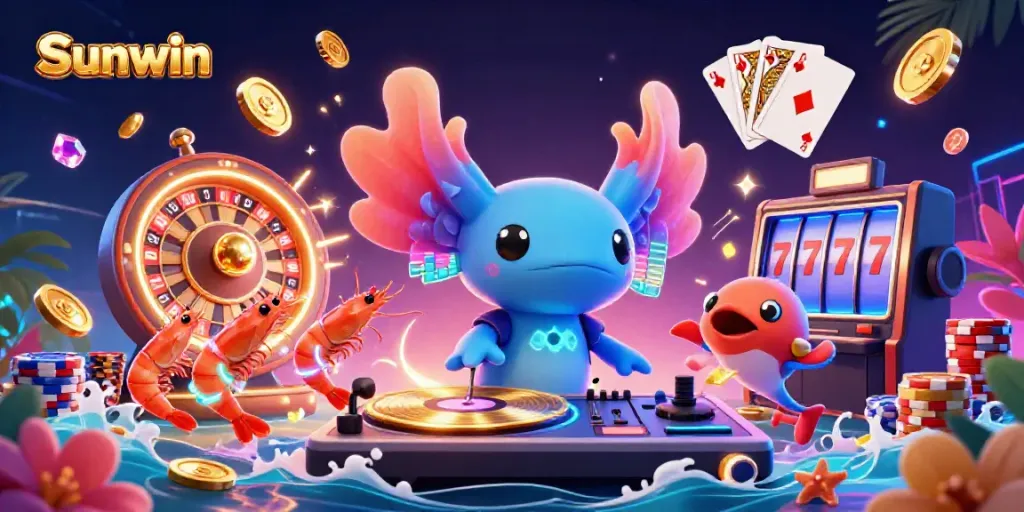 Experience Sunwin's vibrant gaming scene with a neon axolotl DJ, colorful characters, and cascading coins.