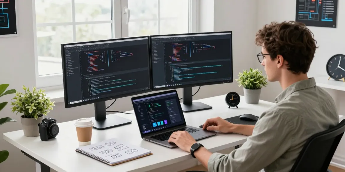 Developer building internal tools with AI in a modern workspace, showcasing coding activities and innovative app designs.