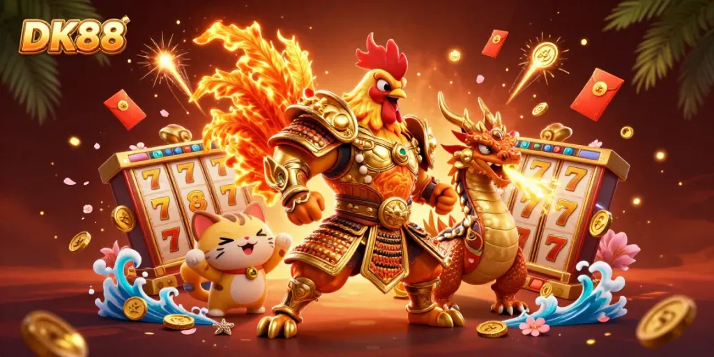 DK88 features an animated rooster warrior and dragon amidst vibrant casino elements like slots and gold coins.