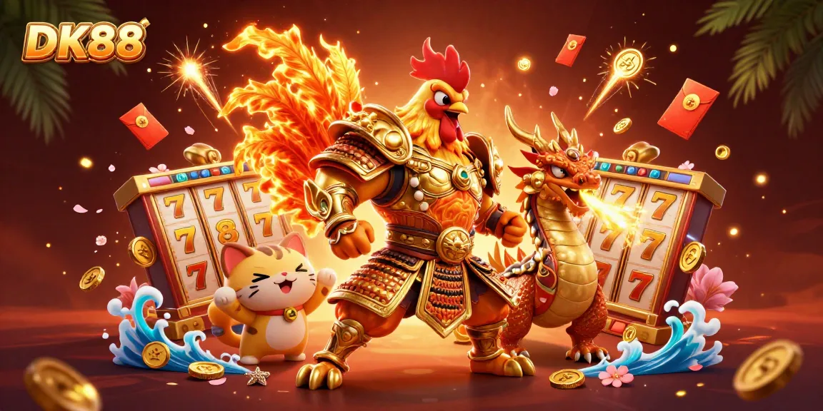 DK88 features an animated rooster warrior and dragon amidst vibrant casino elements like slots and gold coins.