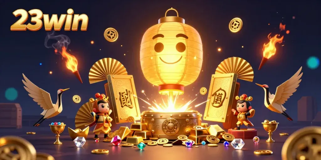 Experience thrilling gameplay with 23win's vibrant golden illustrations spotlighting lively casino scenes and treasures.