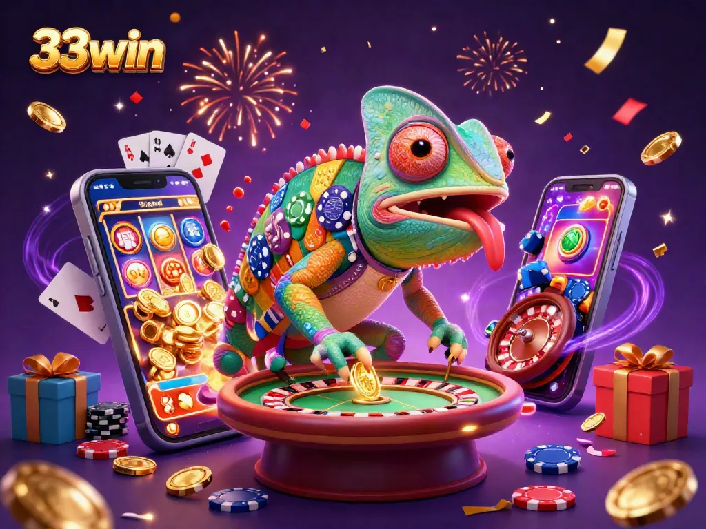 Experience winning at 33win as the vibrant chameleon casino owner captures gold coins amidst exciting gaming elements.