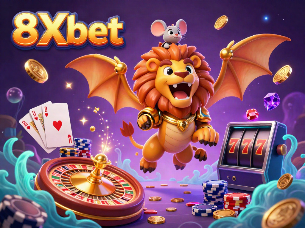Experience the thrilling excitement of 8Xbet with a roaring chimera, golden coins, and dynamic gaming elements flying around.