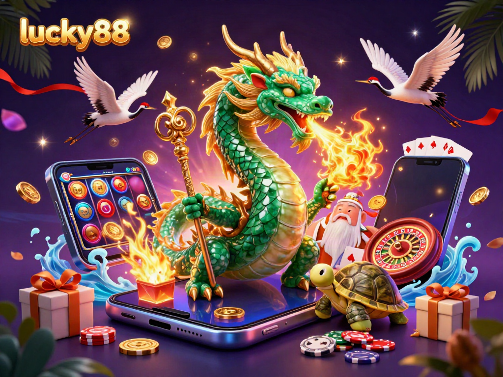 Experience winning moments with lucky88 featuring a jade dragon, turtle sage, and lucky cranes.