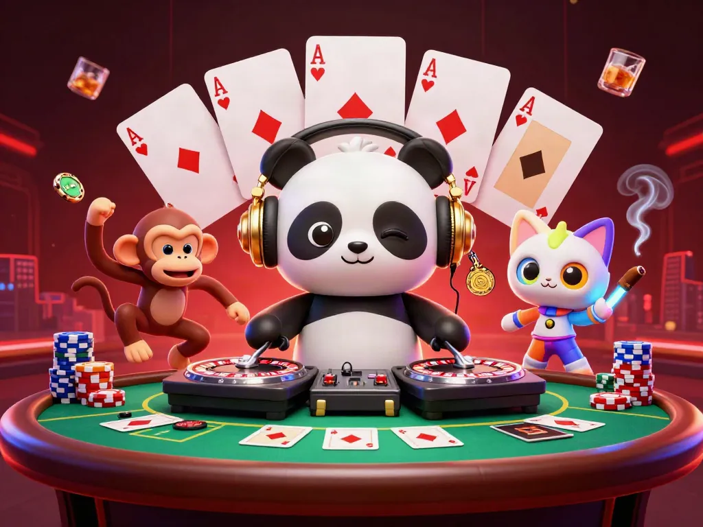 Spin and win at st666 with a vibrant DJ panda, poker chips, and a breakdancer in action.