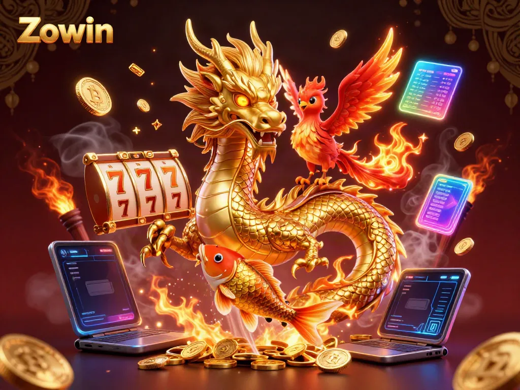 Engage with Zowin’s thrilling jackpot experience featuring a golden dragon and phoenix.
