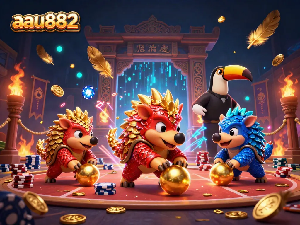 Experience the excitement at aau882 with cartoon pangolins battling in a vibrant casino-themed scene.