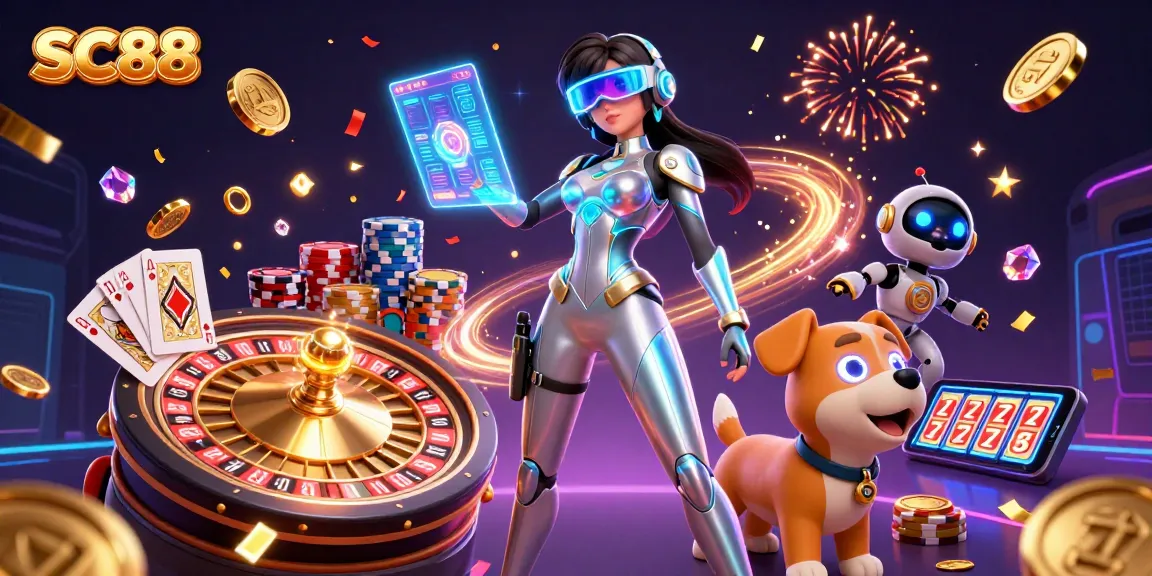 Engage in festive gameplay at SC88 with a vibrant 3D casino scene featuring dynamic elements and glowing characters.