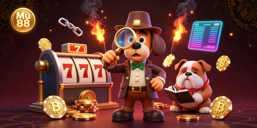 Play slots with Mu 88's vibrant casino atmosphere featuring exciting golden poker chip clues and crypto elements.