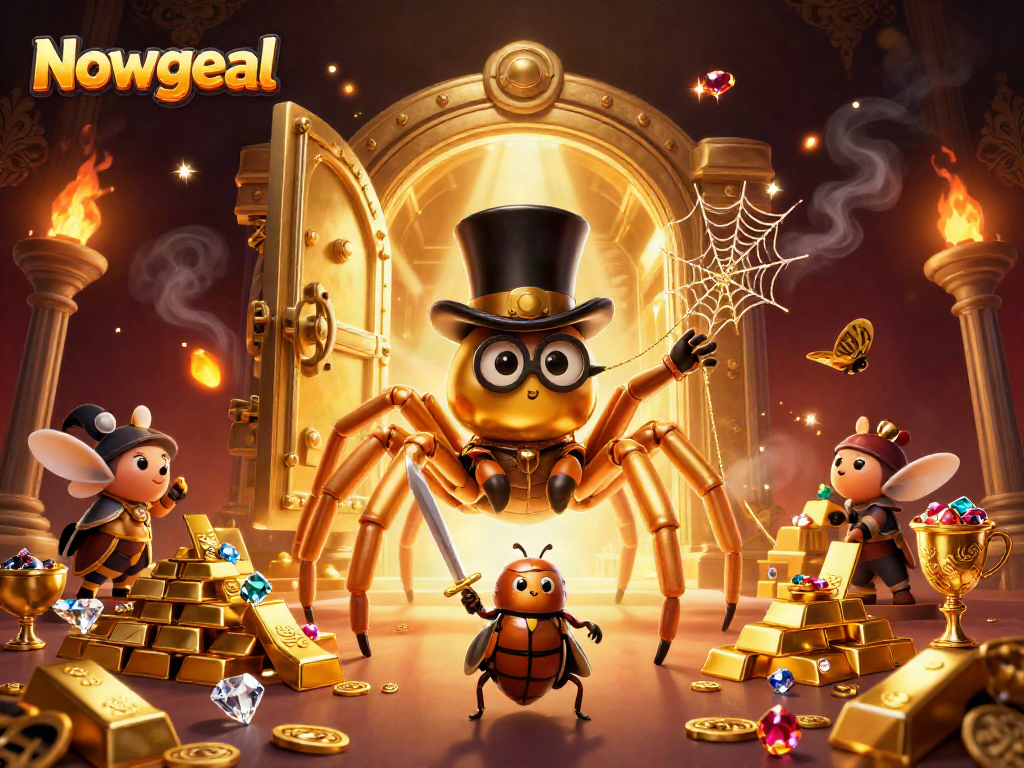 Nowgoal showcases a lively 3D illustration of gambling elements, featuring a golden tarantula and a beetle knight amidst treasure.