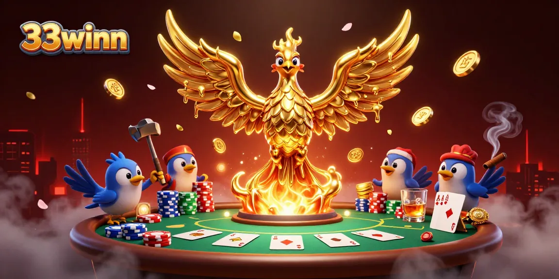 Experience casino greatness with the molten gold phoenix of 33winn, surrounded by poker action.