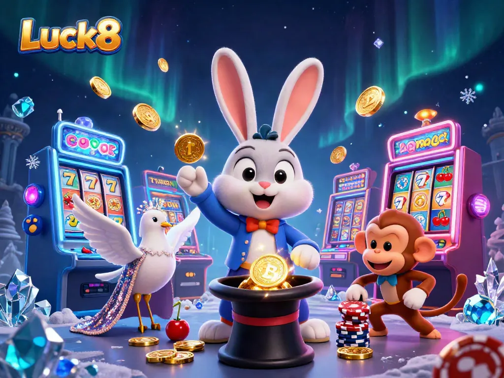 Luck8 magician rabbit pulling coins from a top hat amidst colorful slot machines and poker chips, in a vibrant casino scene.