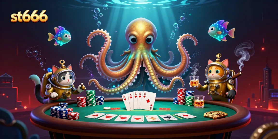 Experience the excitement of st666 with a kraken poker scene featuring golden tentacles, diving cat, and vibrant casino elements.