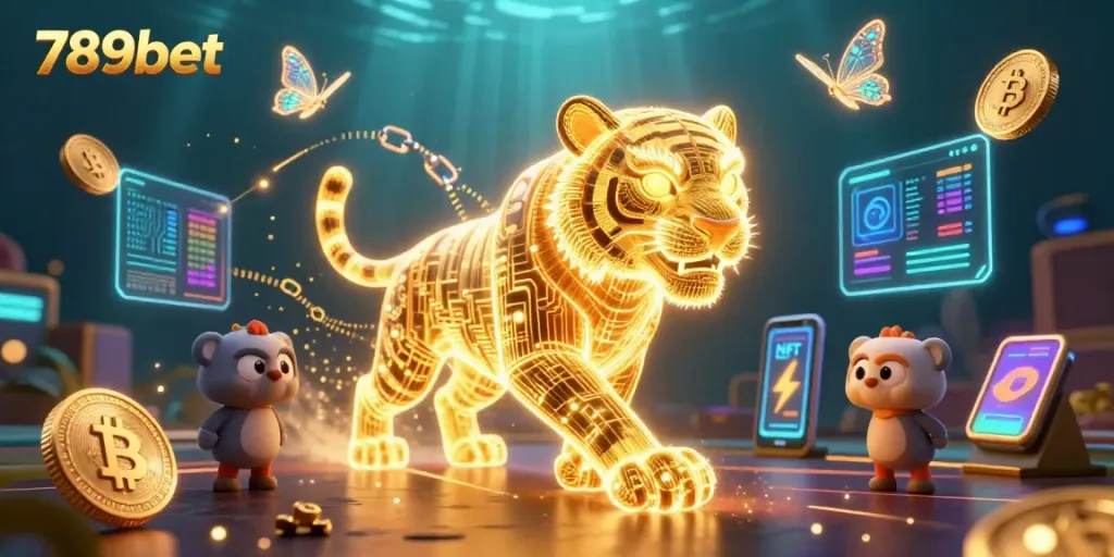 Experience thrilling games with 789bet featuring a neon neon-wireframe tiger in a digital casino setting.